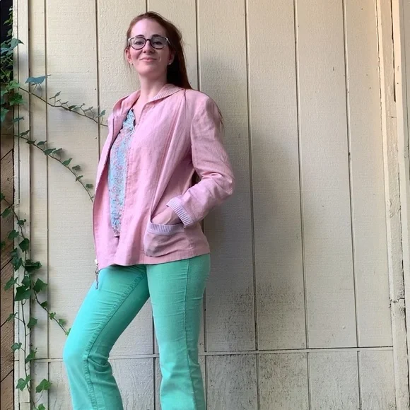 St. John Sport Linen zip-up hooded light pink textured woven light Jacket Sz L - Picture 2 of 12